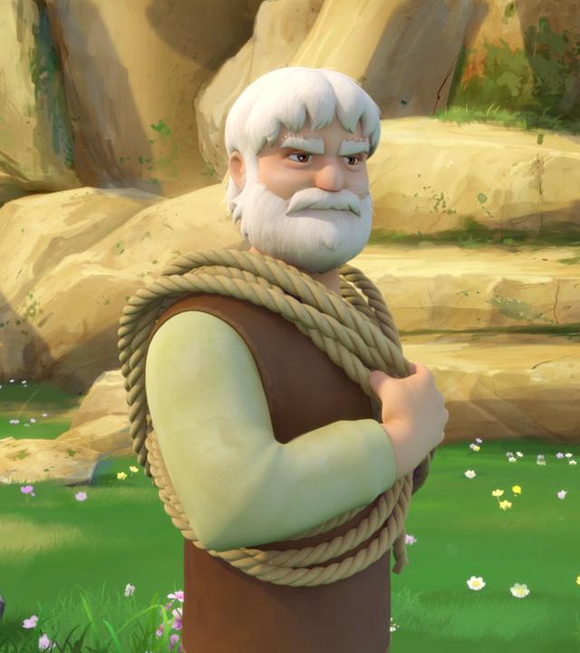 Großvater hilft in der Not mit einem Seil, das er sich um den Körper gebunden hat. Peter und Heidi stehen daneben.