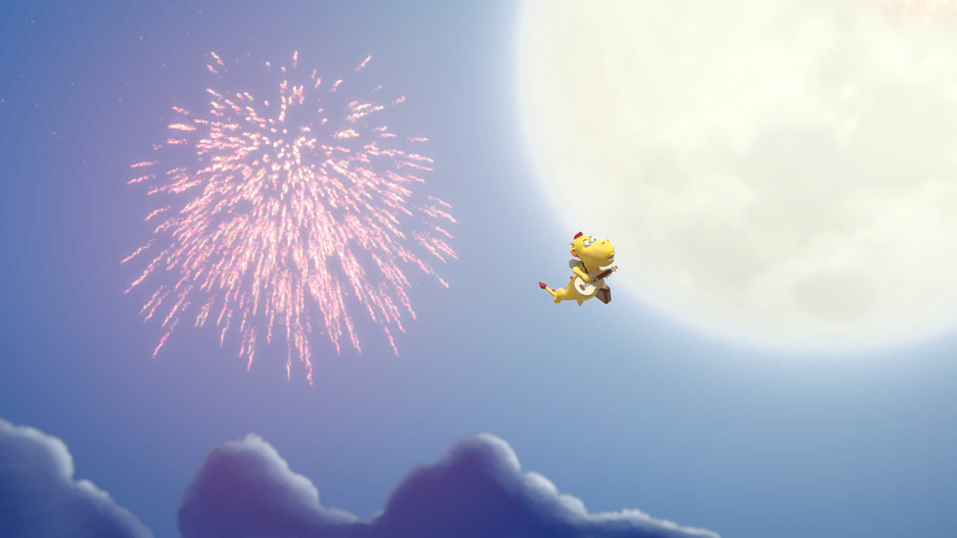Wokki fliegt mit einer Gitarre am Mond vorbei. Neben ihm explodiert ein Feuerwerk.