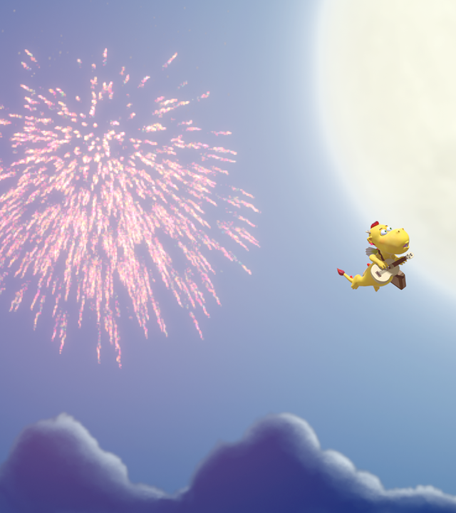 Wokki fliegt mit einer Gitarre am Mond vorbei. Neben ihm explodiert ein Feuerwerk.