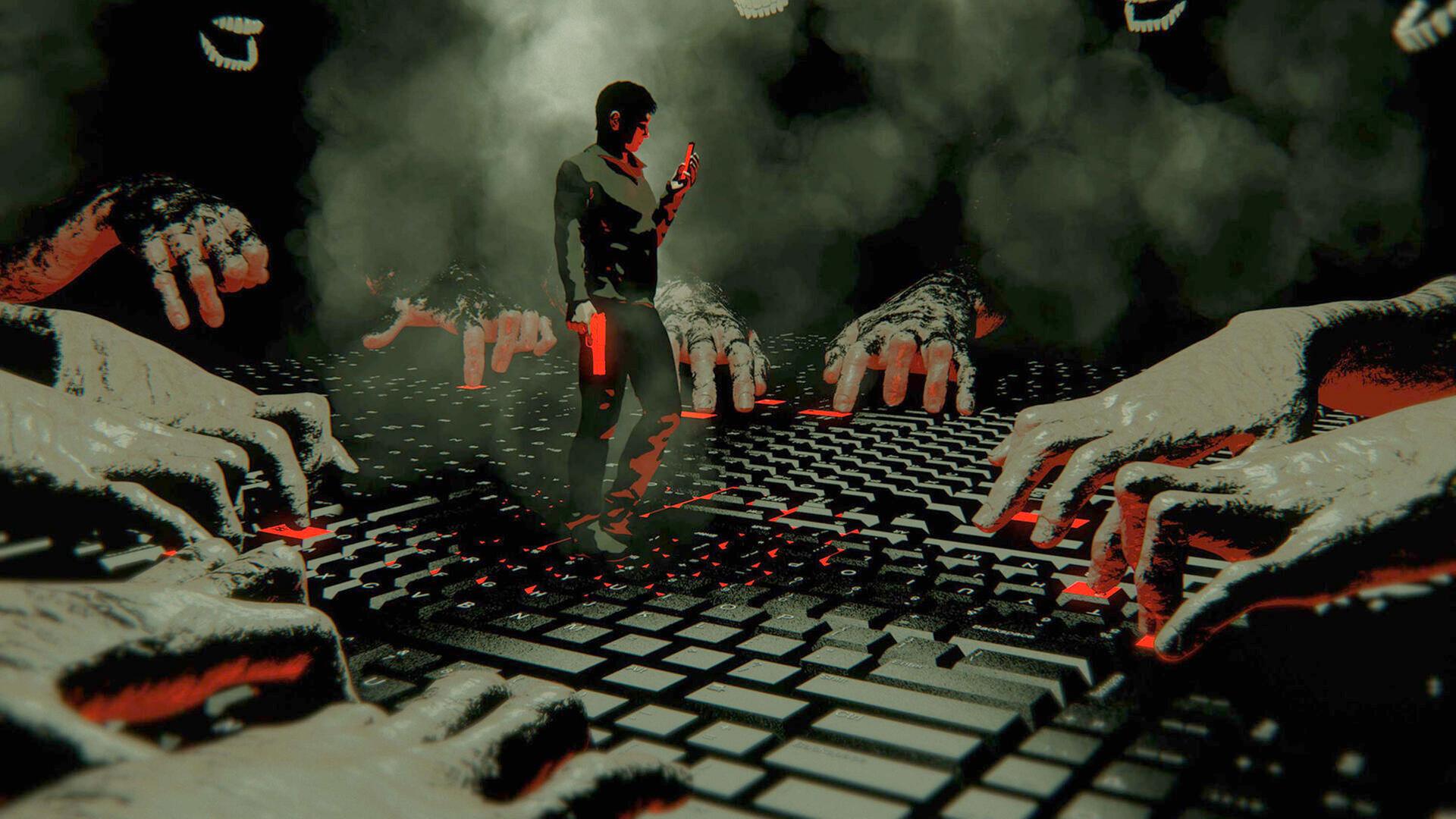 Collage: Hände an Tastaturen, in der Mitte der Tastaturen eine Männerfigur, die in der rechten Hand eine rote Pistole nach unten hält und auf das Handy in seiner linken Hand schaut. 