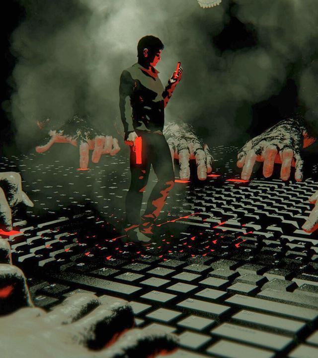 Collage: Hände an Tastaturen, in der Mitte der Tastaturen eine Männerfigur, die in der rechten Hand eine rote Pistole nach unten hält und auf das Handy in seiner linken Hand schaut. 