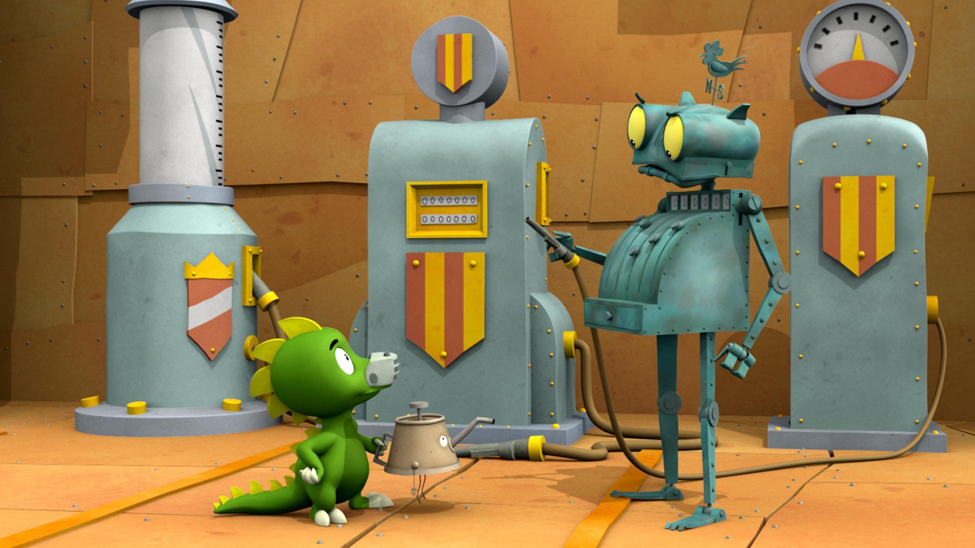 Ritter Rost vor einer Zapfsäule mit einem Zapfventil in der Hand, Drache Koks hält ein Ölkännchen.