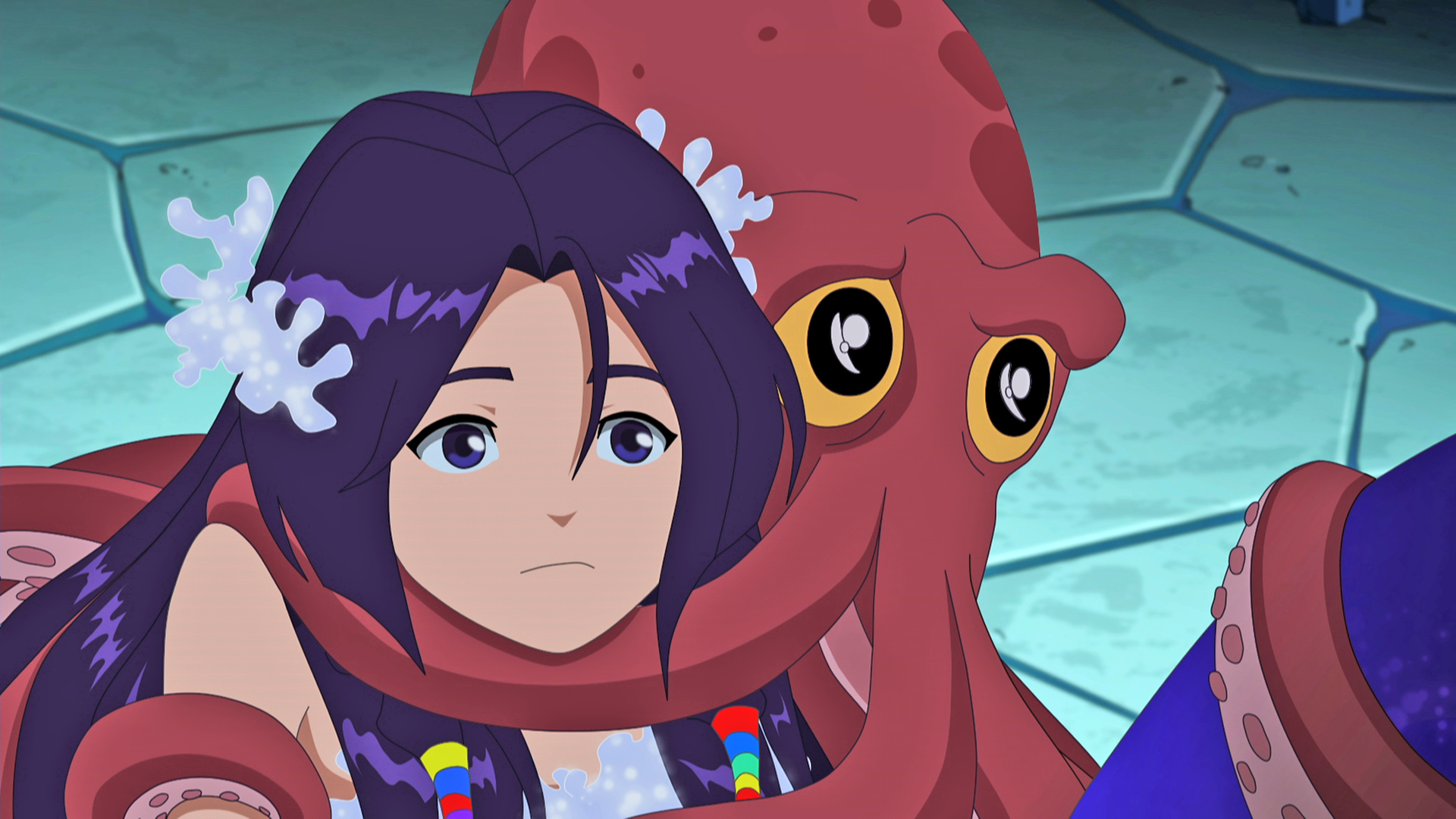 Krake Dany hat Angst und klammert sich an Cleo.