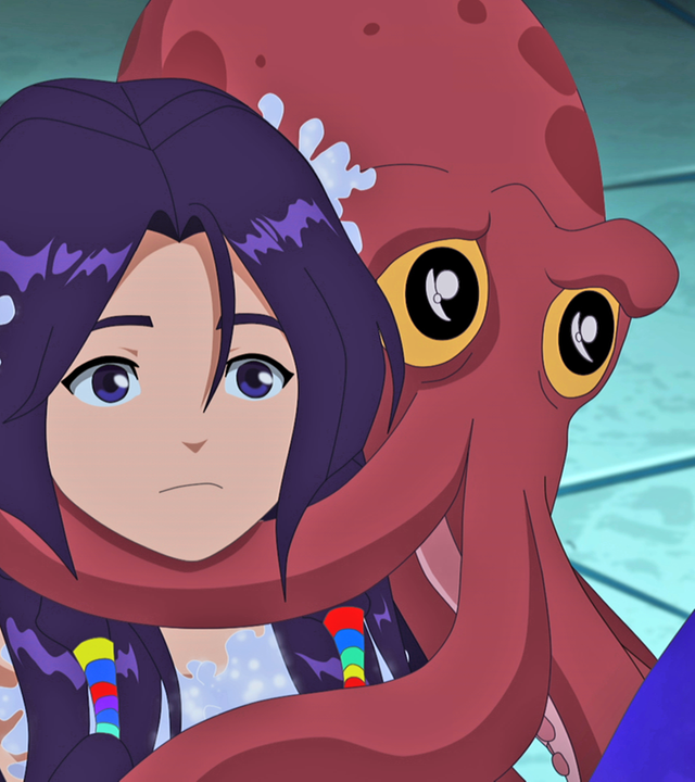 Krake Dany hat Angst und klammert sich an Cleo.