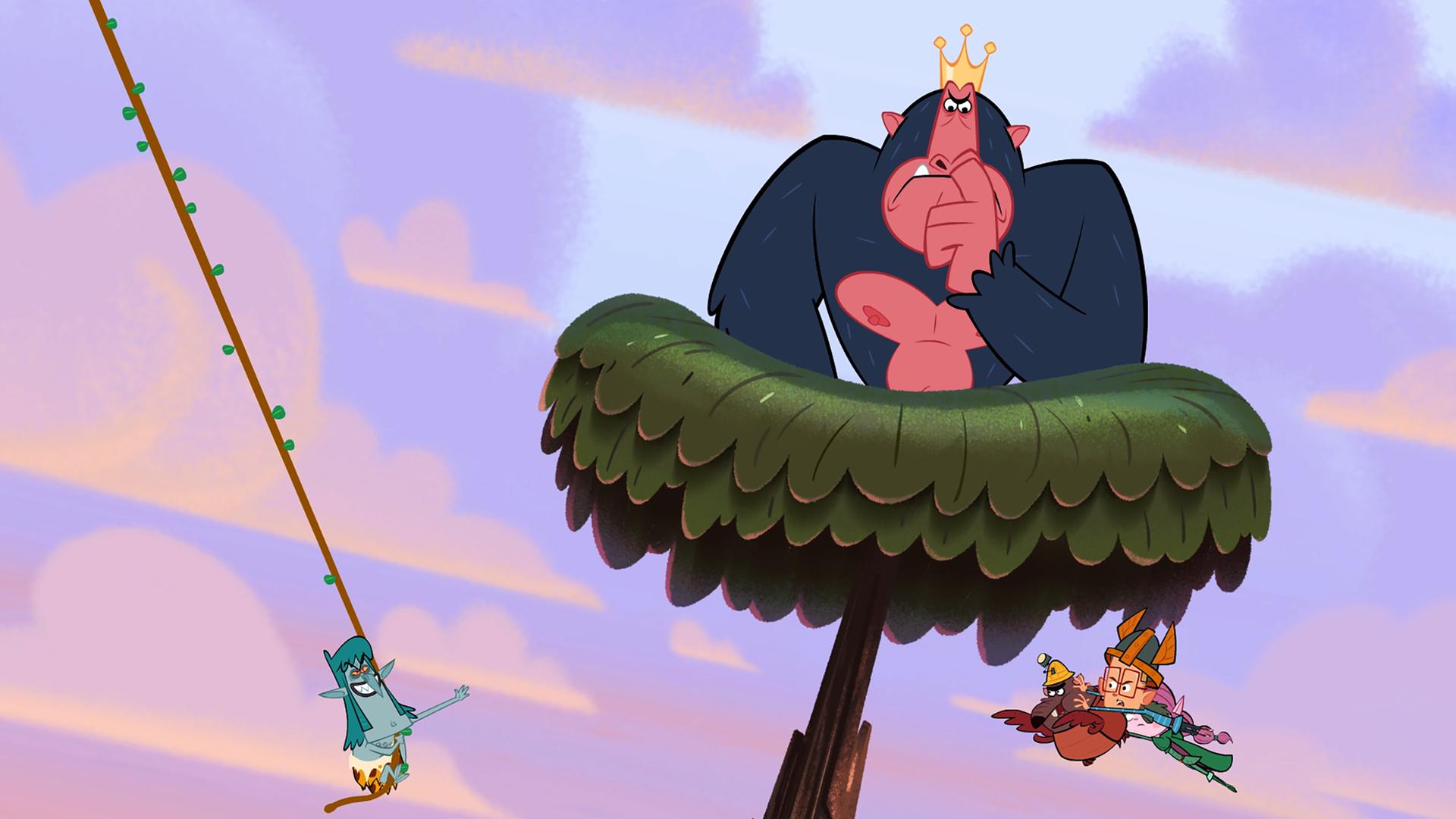 Der König der Affen trägt eine Krone auf dem Kopf und sitzt auf einem hohen Baum fest. Er weiß nicht, wie er alleine herunterkommen soll. Deswegen schwingt Vipkrad auf einer Liane zum Baum, während Ephi und Marcus auf Ratricks Rücken heranfliegen. Die drei versuchen, Vipkrad noch rechtzeitig wegzustoßen.