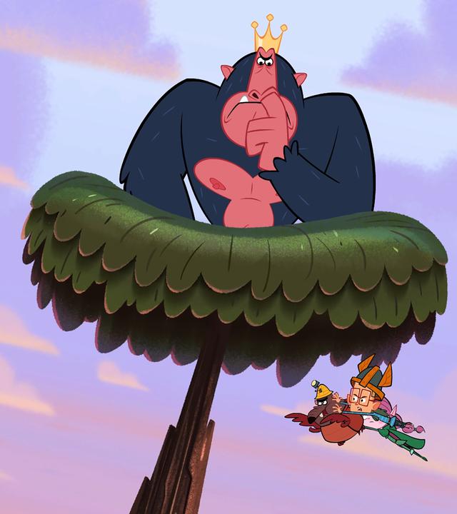 Der König der Affen trägt eine Krone auf dem Kopf und sitzt auf einem hohen Baum fest. Er weiß nicht, wie er alleine herunterkommen soll. Deswegen schwingt Vipkrad auf einer Liane zum Baum, während Ephi und Marcus auf Ratricks Rücken heranfliegen. Die drei versuchen, Vipkrad noch rechtzeitig wegzustoßen.