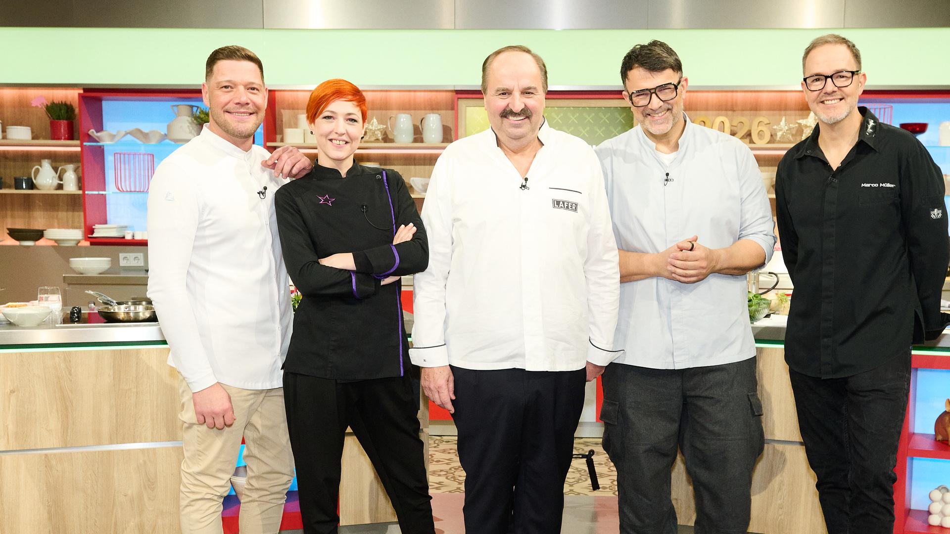 Robin Pietsch, Meta Hiltebrand, Johann Lafer, Tarik Rose und Marco Müller