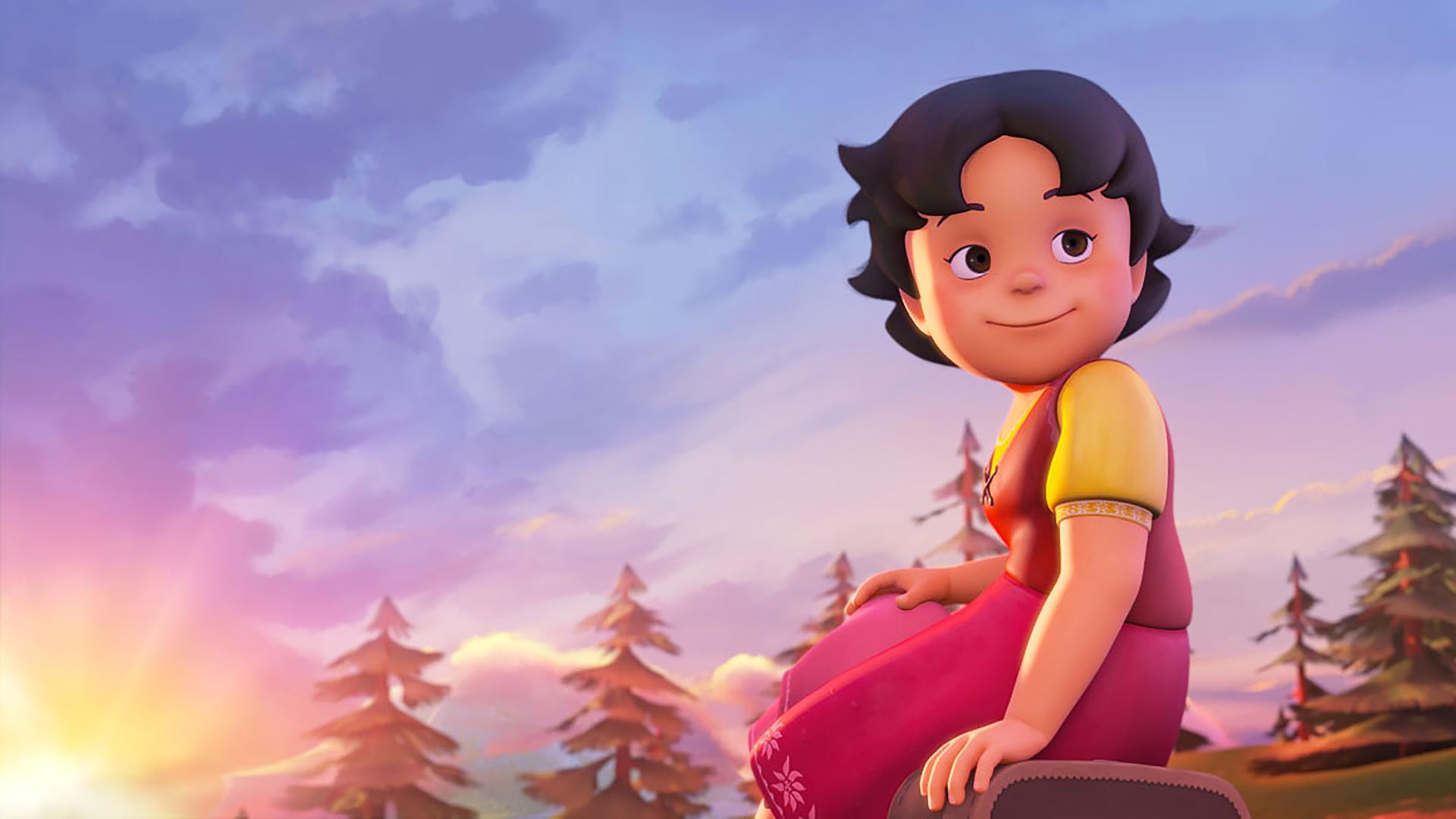 Heidi sitzt auf ihrem Koffer und im Hintergrund sind bei Sonnenuntergang Tannen zu sehen. Sie sieht zufrieden aus.