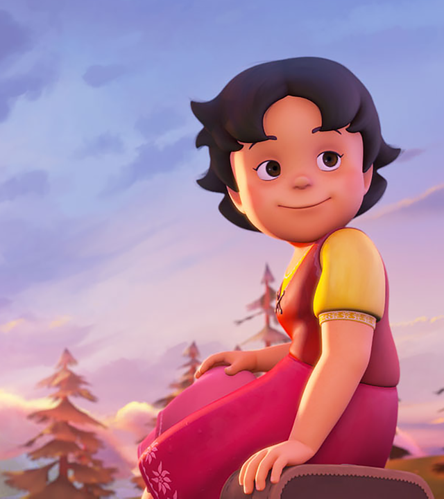 Heidi sitzt auf ihrem Koffer und im Hintergrund sind bei Sonnenuntergang Tannen zu sehen. Sie sieht zufrieden aus.