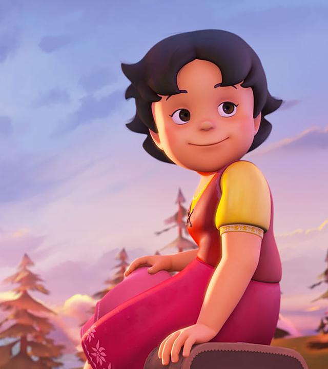Heidi sitzt auf ihrem Koffer und im Hintergrund sind bei Sonnenuntergang Tannen zu sehen. Sie sieht zufrieden aus.