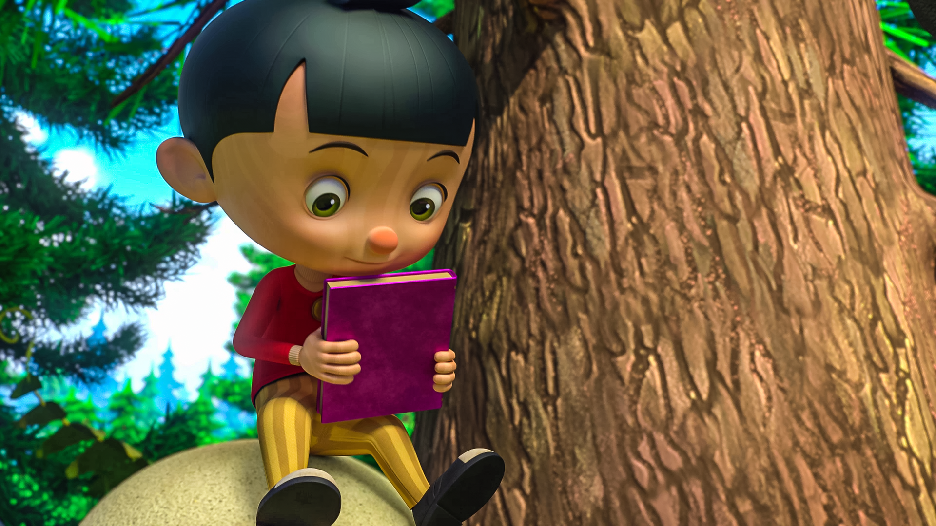 Pinocchio sitzt neben einem Baum auf einem Stein und schaut ein Buch an, das er in den Händen hält.