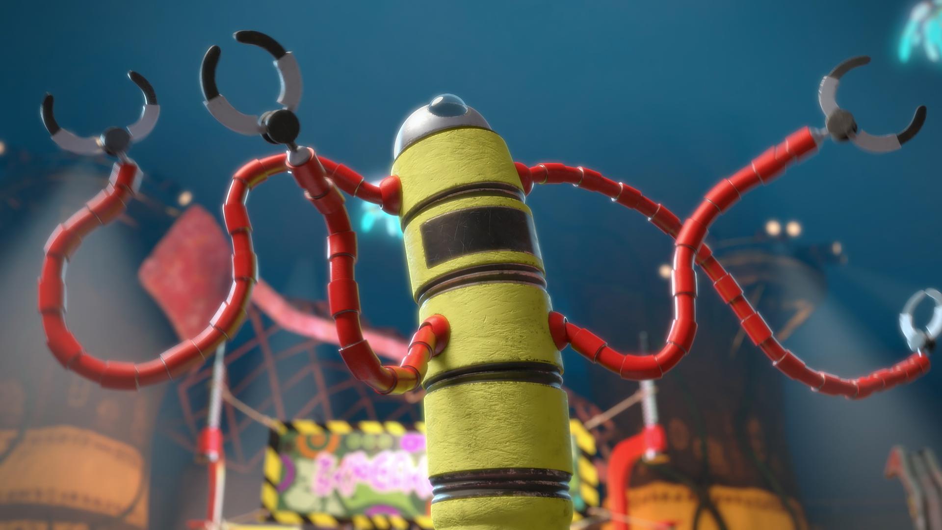 Ein insektenartig anmutender Roboter fuchtelt mit vier roten Greifarmen wild in der Gegend herum.