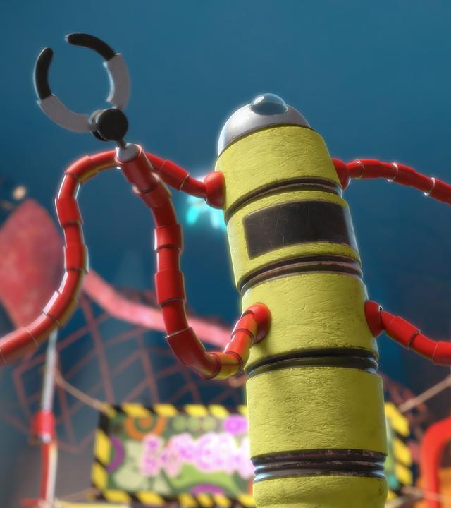Ein insektenartig anmutender Roboter fuchtelt mit vier roten Greifarmen wild in der Gegend herum.