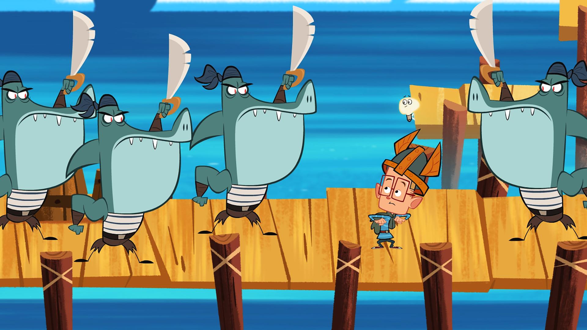 Marcus steht auf einer Brücke und wird von beiden Seiten von Vipkrads Haien umzingelt. Sie stehen mit erhobenen Säbeln da und wollen Marcus festnehmen.