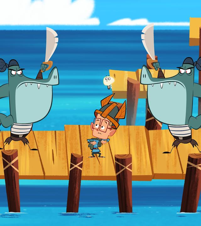 Marcus steht auf einer Brücke und wird von beiden Seiten von Vipkrads Haien umzingelt. Sie stehen mit erhobenen Säbeln da und wollen Marcus festnehmen.