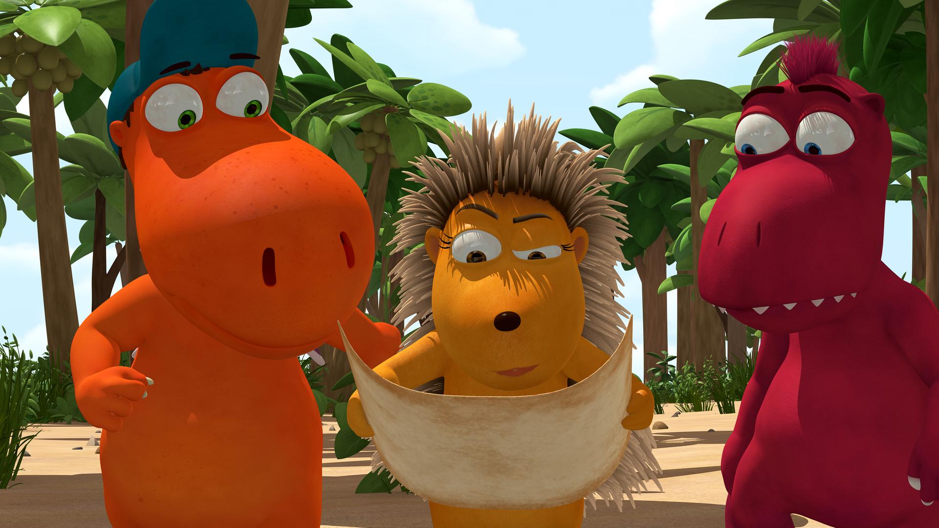 Kokosnuss, Matilda und Oskar blicken angestrengt auf eine Karte.