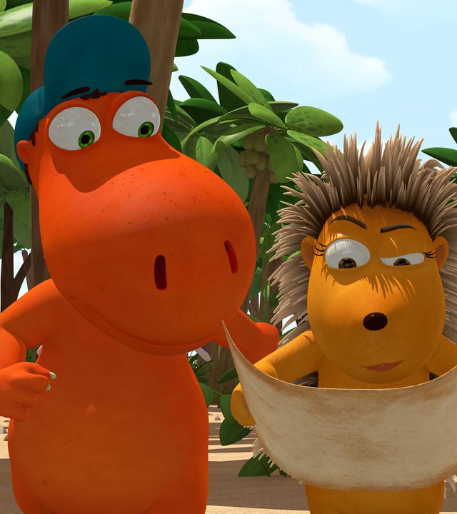 Kokosnuss, Matilda und Oskar blicken angestrengt auf eine Karte.