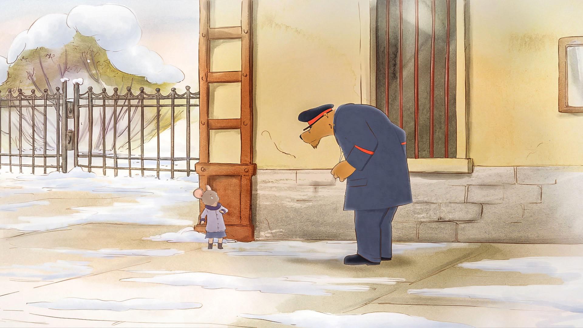 Celestine steht am Bahnhof und wird vom Ticketverkäufer am Bahnhof des Schwarzfahrens beschuldigt. Er steht nach unten gebeugt da und schaut Celestine böse an.