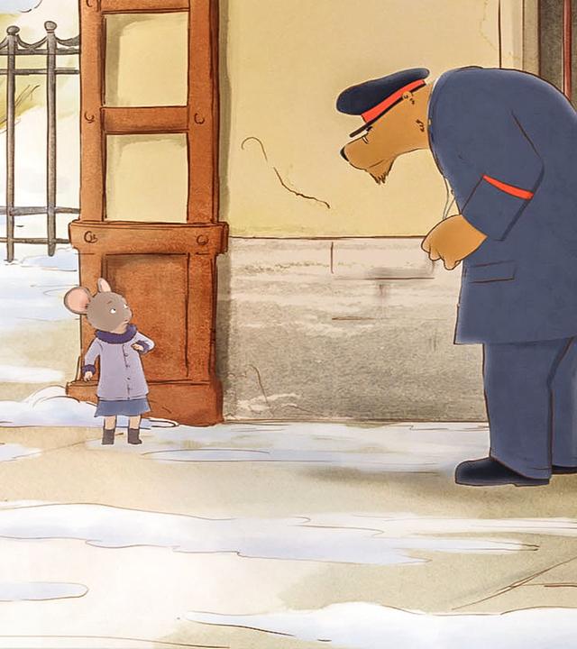 Celestine steht am Bahnhof und wird vom Ticketverkäufer am Bahnhof des Schwarzfahrens beschuldigt. Er steht nach unten gebeugt da und schaut Celestine böse an.