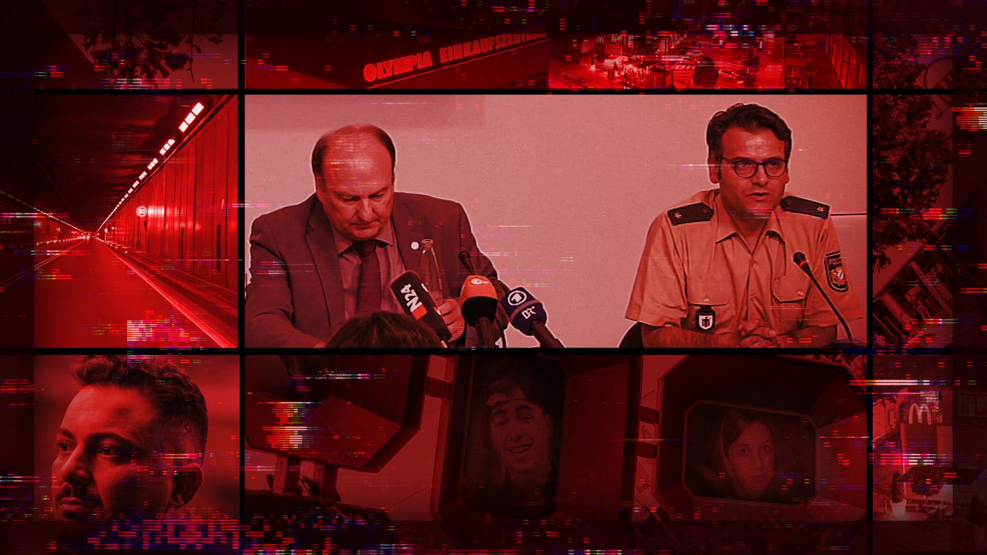 Collage in rot, mittig zwei Polizisten im Interview