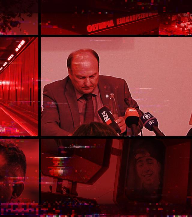 Collage in rot, mittig zwei Polizisten im Interview