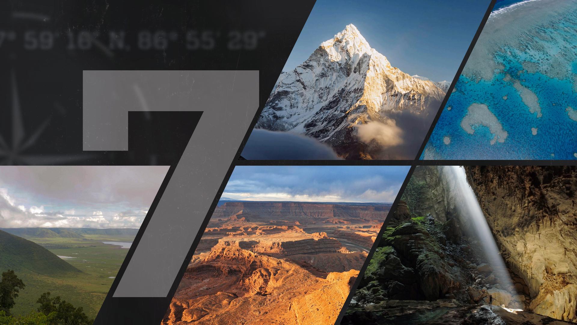 Eine Collage aus fünf Aufnahmen, die jeweils ein anderes Naturwunder zeigen. Zwischen den Fotos ist eine große Sieben zu erkennen.