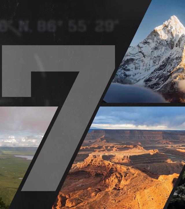 Eine Collage aus fünf Aufnahmen, die jeweils ein anderes Naturwunder zeigen. Zwischen den Fotos ist eine große Sieben zu erkennen.