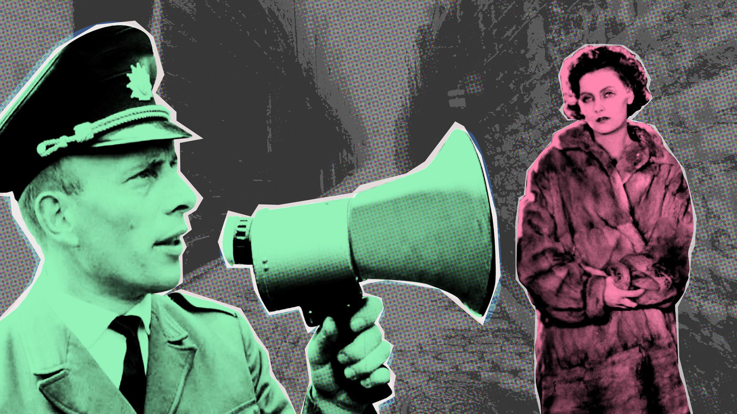 Fotomontage. Ein grün eingefärbter Polizist in Uniform spricht in ein Megafon, das er in der Hand hält. Daneben ist eine rötlich eingefärbte Frau in einem Pelzmantel zu sehen.