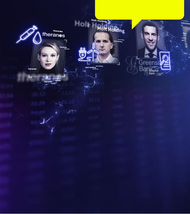 Collage mit Porträts von Elizabeth Holmes, Hendrik Holt und Lex Greensill. Neben den Fotos sind Symbole zu sehen, die für die Firmen stehen: Spritze für Holmes, Windrad für Holt, Taschenrechner für Greensill.