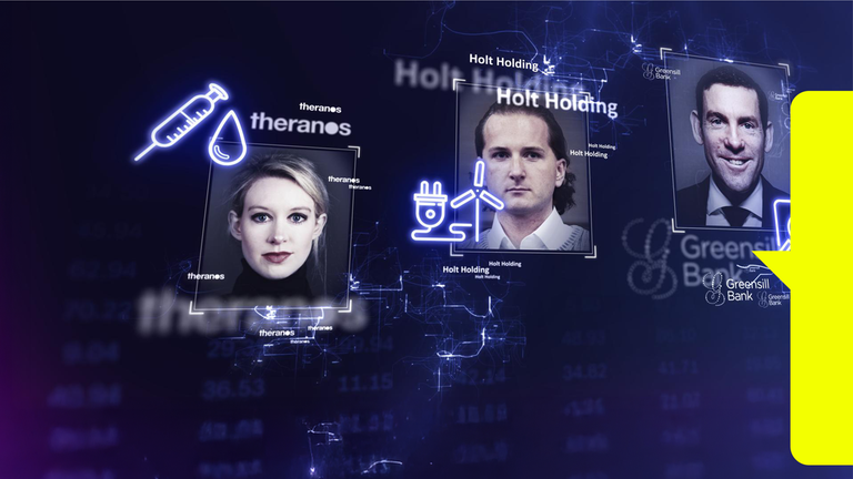 Collage mit Porträts von Elizabeth Holmes, Hendrik Holt und Lex Greensill. Neben den Fotos sind Symbole zu sehen, die für die Firmen stehen: Spritze für Holmes, Windrad für Holt, Taschenrechner für Greensill.