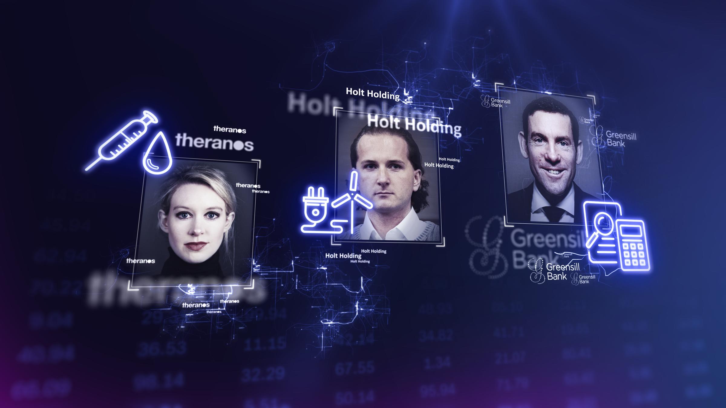Collage mit Porträts von Elizabeth Holmes, Hendrik Holt und Lex Greensill. Neben den Fotos sind Symbole zu sehen, die für die Firmen stehen: Spritze für Holmes, Windrad für Holt, Taschenrechner für Greensill.
