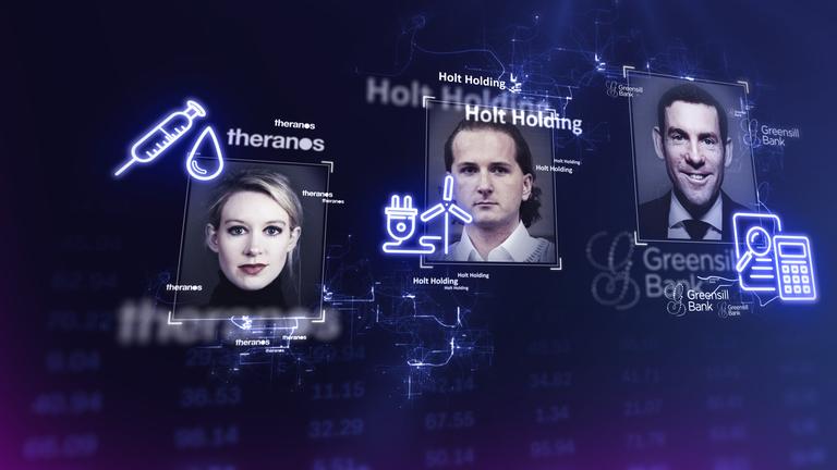 Collage mit Porträts von Elizabeth Holmes, Hendrik Holt und Lex Greensill. Neben den Fotos sind Symbole zu sehen, die für die Firmen stehen: Spritze für Holmes, Windrad für Holt, Taschenrechner für Greensill.