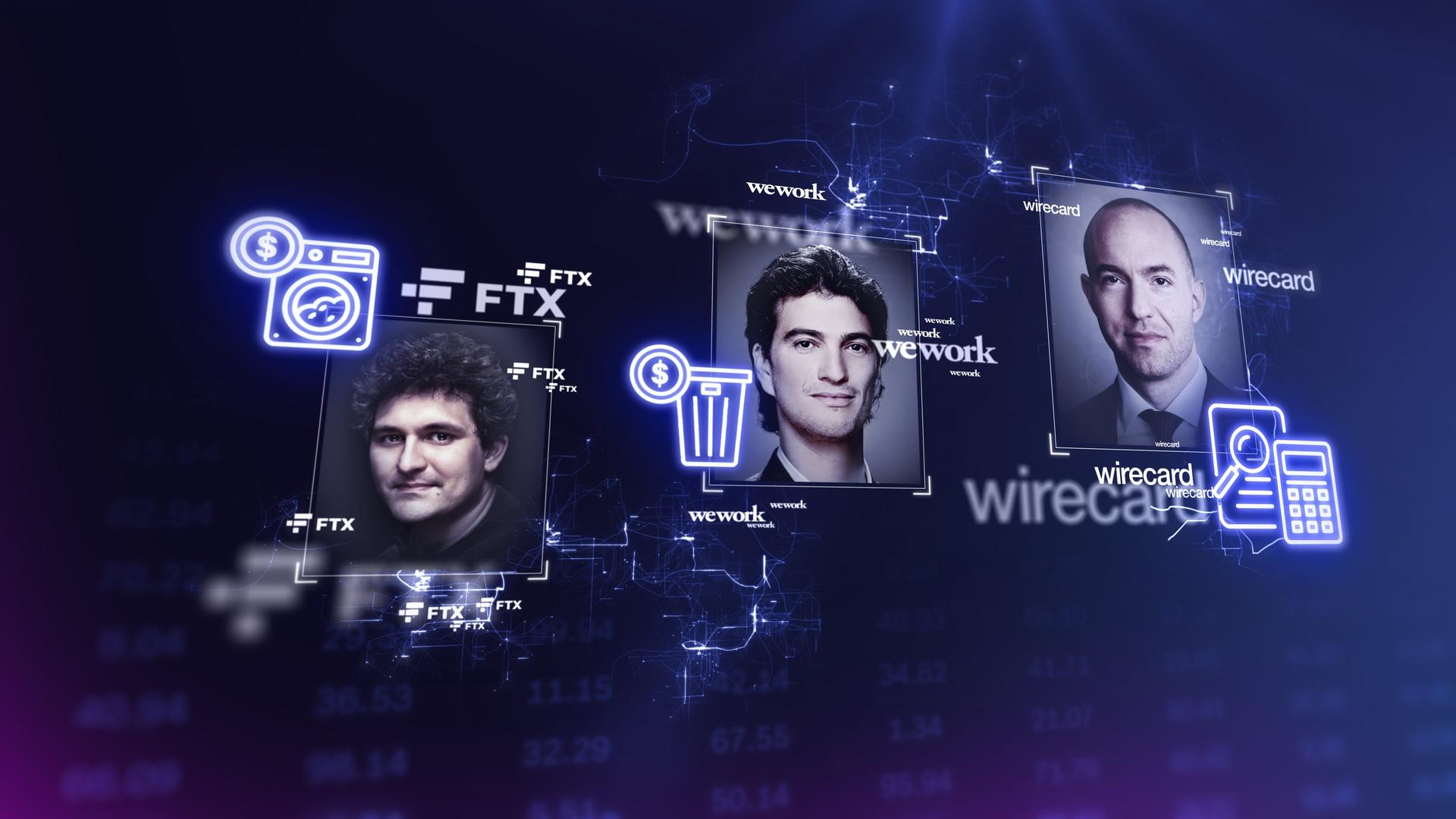 Collage mit Porträts von Sam Bankman-Fried, Adam Neumann und Jan Marsalek mit den jeweils dazugehörigen Firmenlogos und passenden Icons.
