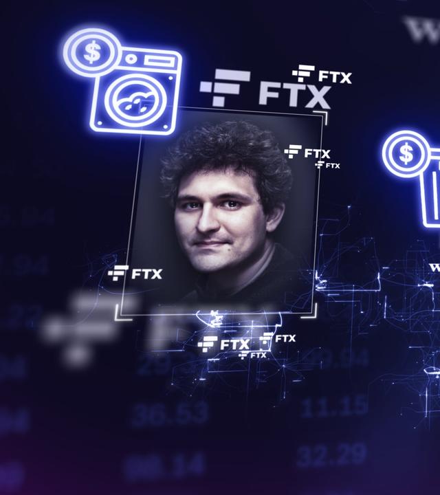 Collage mit Porträts von Sam Bankman-Fried, Adam Neumann und Jan Marsalek mit den jeweils dazugehörigen Firmenlogos und passenden Icons.