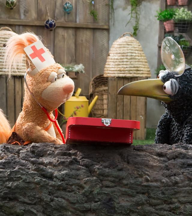 Eichhörnchen Ella und Rabe Rudi schauen sich fragend an. Sie tragen Häubchen und Spiegel auf dem Kopf, vor ihnen liegt ein kleiner Arztkoffer.