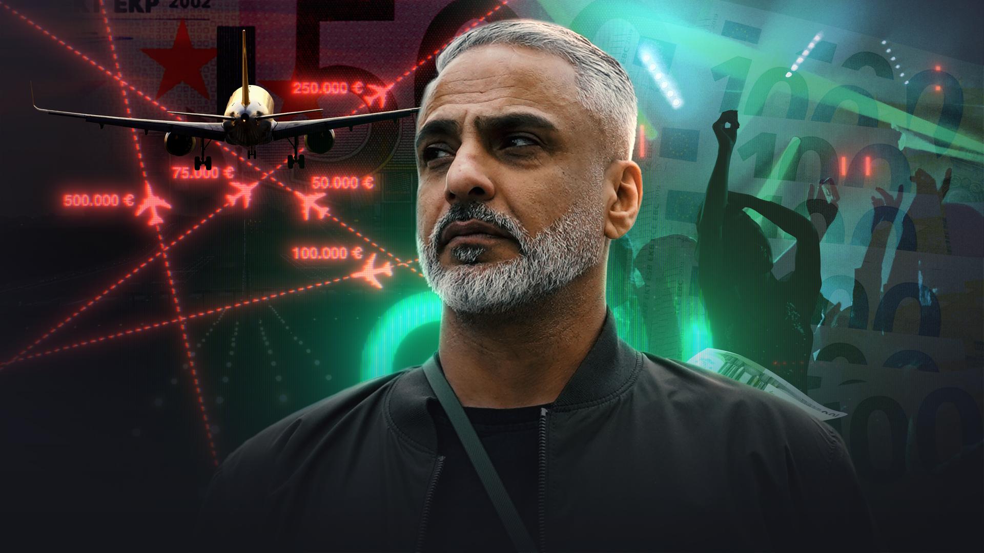 Ali C. vor einem Hintergrund mit Spur-Logo und Geldscheinen