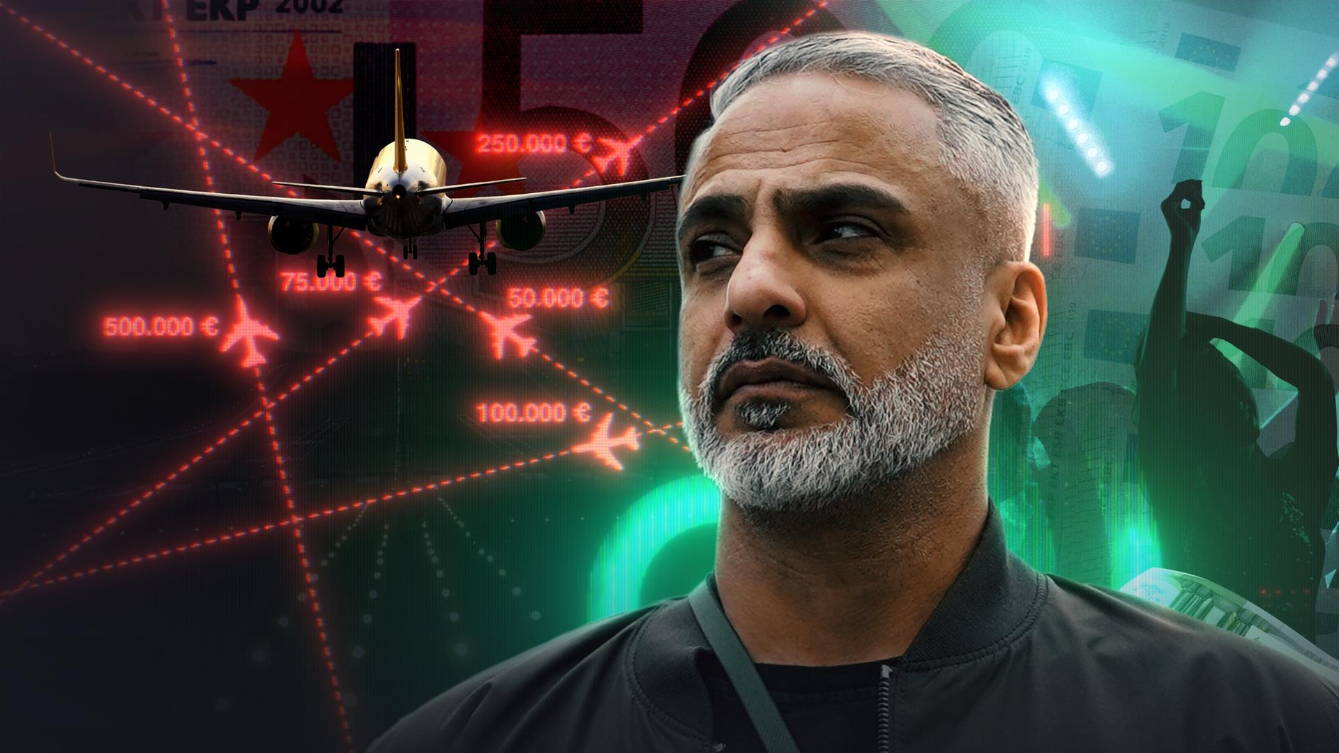 Ali C. vor einem Hintergrund mit Spur-Logo und Geldscheinen.