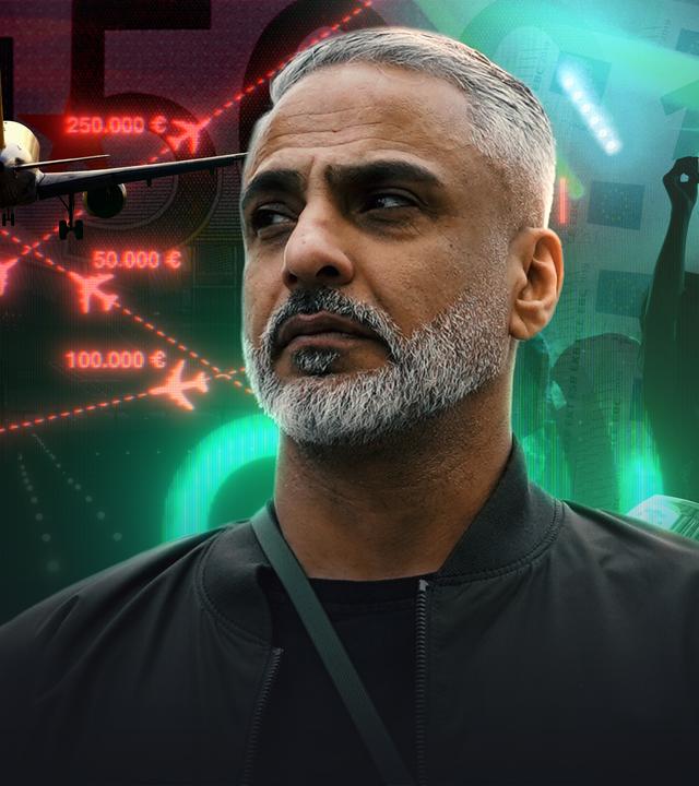 Ali C. vor einem Hintergrund mit Spur-Logo und Geldscheinen.