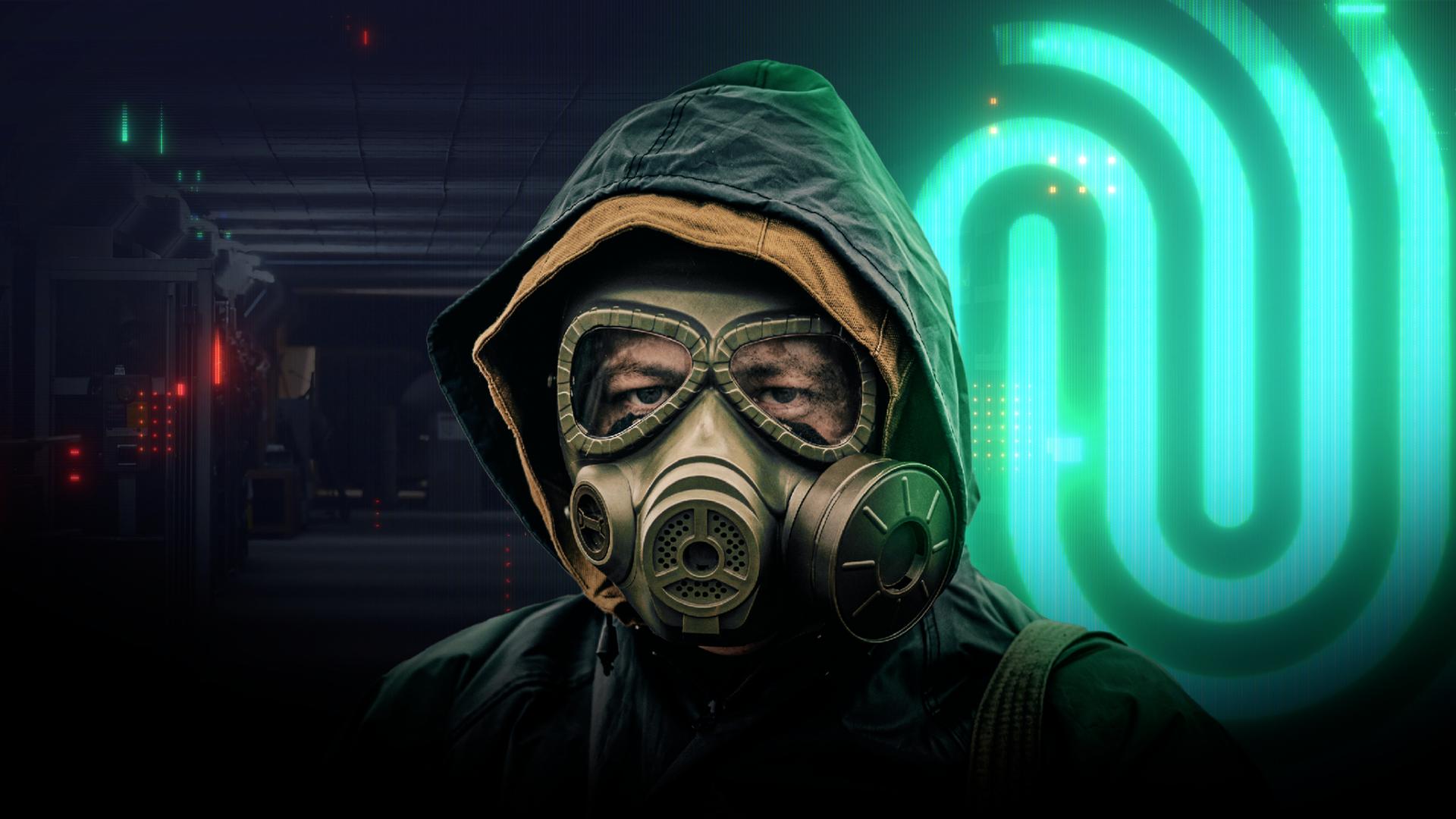 Eine Person mit Kapuze und Gasmaske im Portrait vor dunkelm Hintergrund. Rechts das "Die Spur"-Logo.