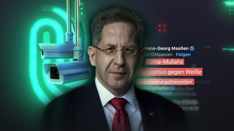 Collage Maaßen mit Portrait, Überwachungskameras, Schlagworte.