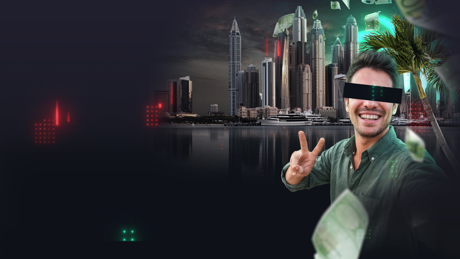 Influencer vor dem Stadtbild einer großen Stadt (Dubai)