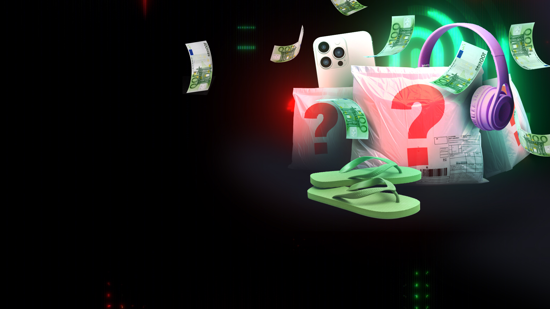 Drei Pakete mit großem roten Fragezeichen im Vordergrund. Dahinter ein neues Smartphone und ein paar Flip-Flops. Es regnet Geldscheine. Im Hintergrund Spur-Logo.  