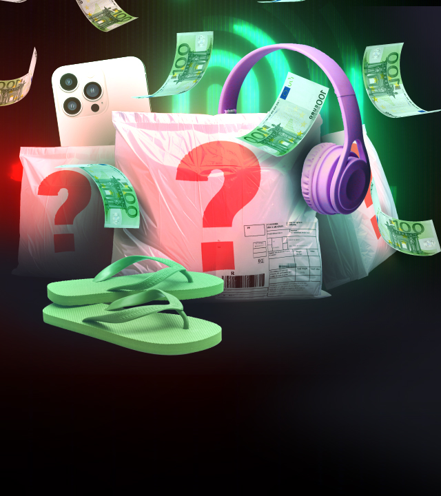 Drei Pakete mit großem roten Fragezeichen im Vordergrund. Dahinter ein neues Smartphone und ein paar Flip-Flops. Es regnet Geldscheine. Im Hintergrund Spur-Logo.  