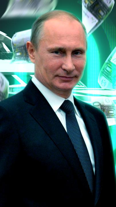 Fotomontage von Putin, dahinter ein Schiff, Geldscheine und das Logo von "Die Spur"