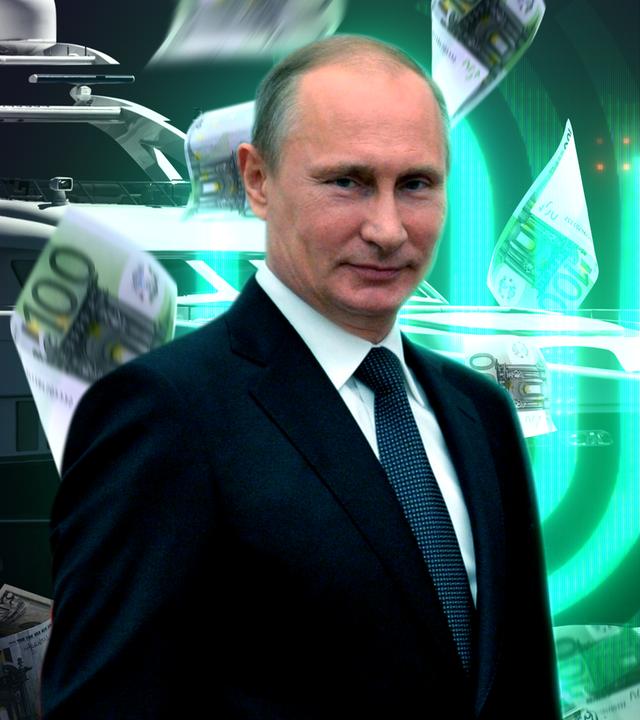 Fotomontage von Putin, dahinter ein Schiff, Geldscheine und das Logo von "Die Spur"