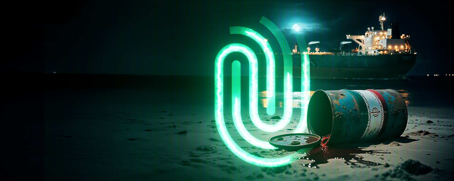 Im Vordergurnd sieht man eine umgekippte Tonne, aus der sich eine schwarz-braune Masse ergießt. Im Mittelgrund das Spur-Logo. Im Hintergrund läuft ein großer Frachter. 