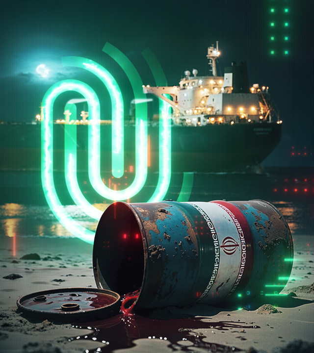 Im Vordergurnd sieht man eine umgekippte Tonne, aus der sich eine schwarz-braune Masse ergießt. Im Mittelgrund das Spur-Logo. Im Hintergrund läuft ein großer Frachter. 