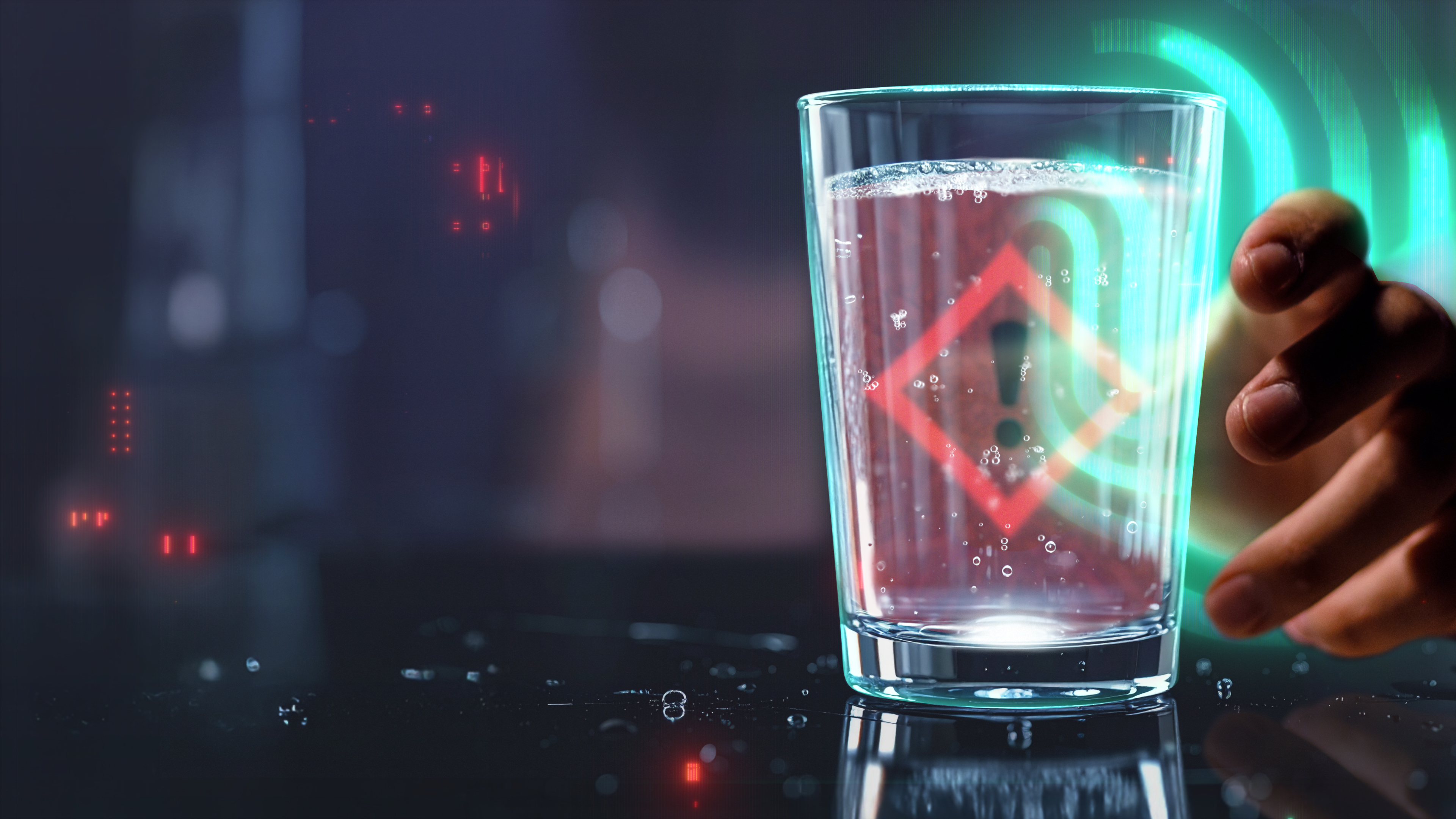 Eine Hand, welche nach einem Glas sprudelndem Wasser greift. Auf dem Glas ein Gefahrenzeichen. Im Hintergrund das Spur-Logo.