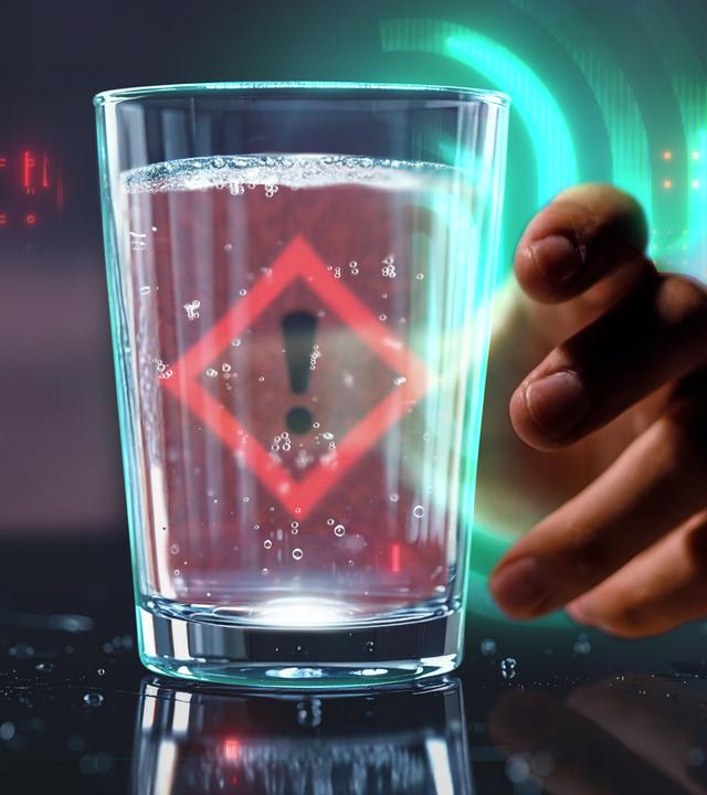 Eine Hand, welche nach einem Glas sprudelndem Wasser greift. Auf dem Glas ein Gefahrenzeichen. Im Hintergrund das Spur-Logo.