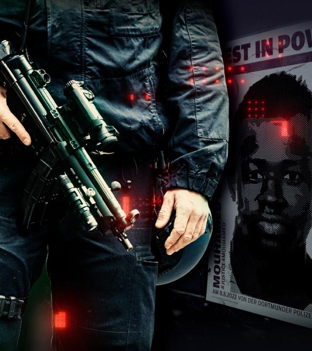 Im Vordergrund steht ein Polizist mit Maschinenpistole in der Hand, dahinter links das grün leuchtende Spur-Logo, rechts sieht man ein Plakat, auf dem Mouhamed zu sehen ist.
